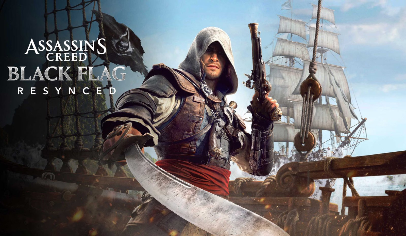 Promotional artwork for a video game titled "Assassin's Creed Black Flag: Resynced. The image features a central character, a rugged pirate assassin, standing on the deck of a wooden sailing ship. He wears a dark leather vest over a light-colored tunic, a red sash around his waist, and a signature grey assassin's hood pulled over his head. In his right hand, he holds a curved cutlass aimed toward the viewer, and in his left, he holds an ornate flintlock pistol pointed upward. In the background, a large galleon with white sails caught in the wind navigates a bright, tropical sea under a clear blue sky. A black pirate flag emblazoned with the Assassin's crest flutters behind the character. The overall aesthetic is adventurous and gritty, with embers and sea spray blurring the foreground.