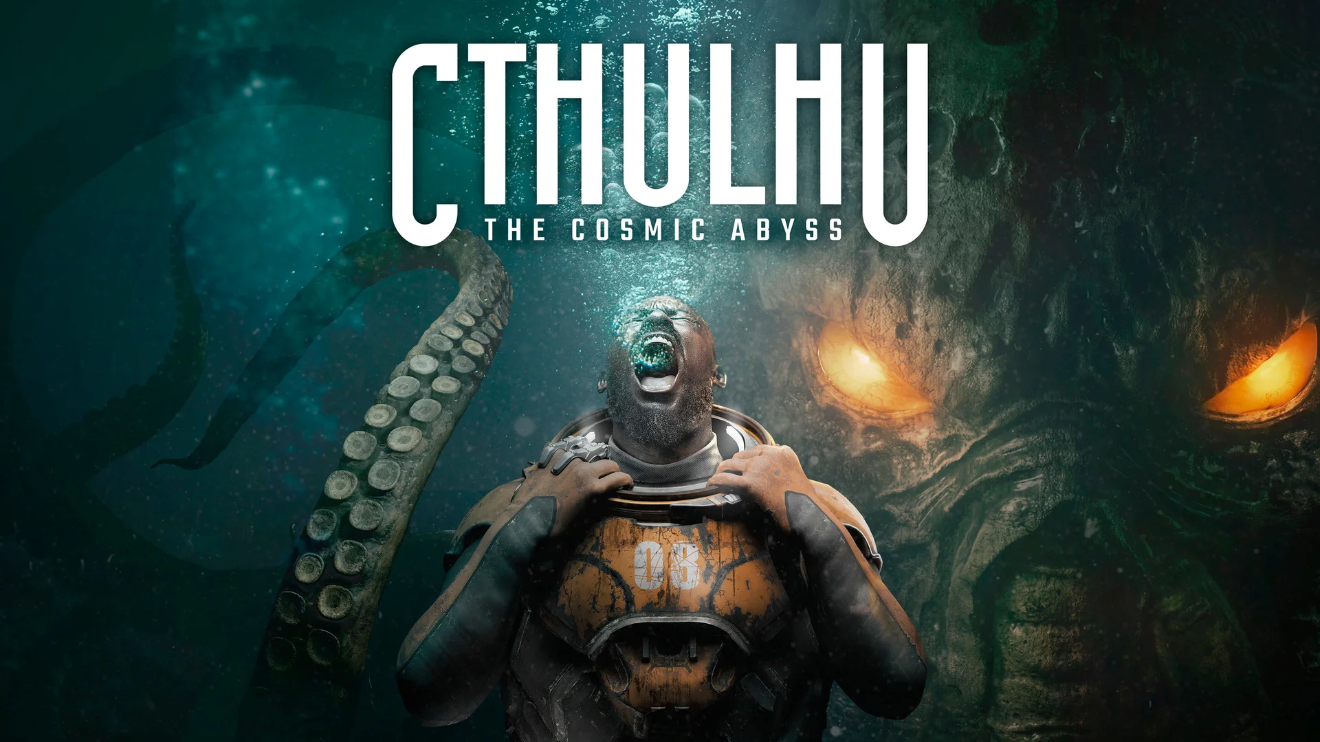 A cinematic horror poster titled "CTHULHU: THE COSMIC ABYSS" depicts a harrowing scene of deep-sea terror. In the center, a man in a weathered orange and black diving suit, marked with the number 08, screams in agony as bubbles erupt from his mouth, his helmet seemingly shattered or removed. Looming behind him in the murky, dark teal water is the gargantuan, shadowy form of Cthulhu. The creature’s massive, glowing orange eyes pierce through the gloom, and a thick, suckered tentacle curls menacingly toward the diver. The title is displayed at the top in a bold, white, elongated font, emphasizing the suffocating scale and cosmic dread of the underwater encounter.