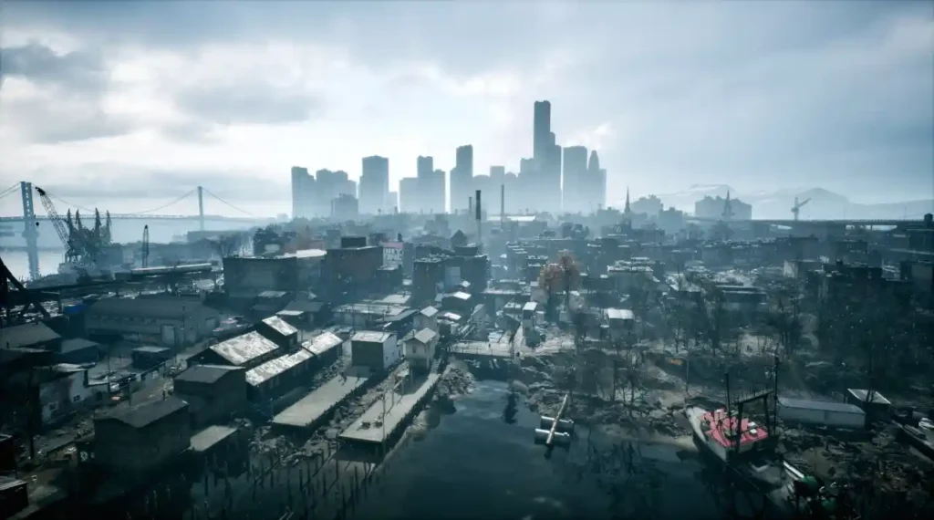 An elevated, wide-angle view of a gritty, industrial waterfront district with a dense skyline of modern skyscrapers looming in the hazy distance under an overcast sky.