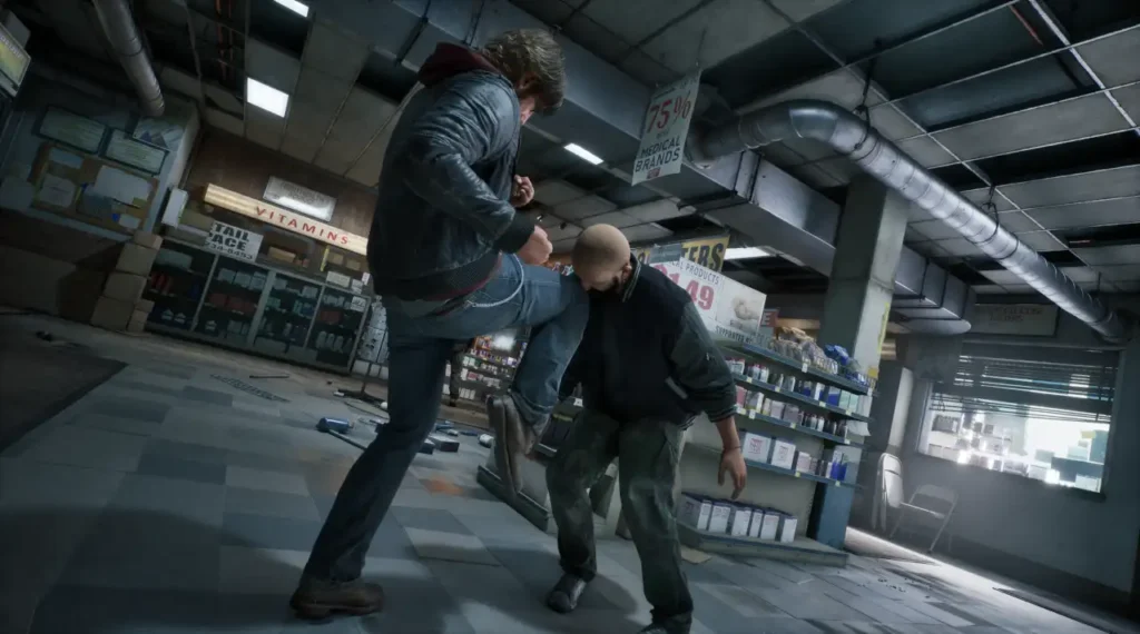 A cinematic action shot from a video game showing a man in a leather jacket delivering a powerful knee strike to the chest of an opponent inside a cluttered, dimly lit pharmacy.