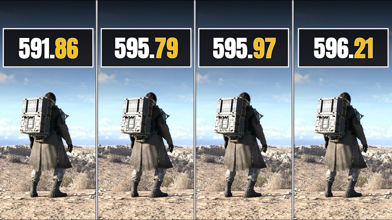 The image features a four-way split-screen comparison from a video game, specifically showing the character Sam Bridges from *Death Stranding* in a desert landscape. Each panel represents a different NVIDIA driver version—**591.86**, **595.79**, **595.97**, and **596.21**—highlighted in large black boxes at the top of the frame. The character is viewed from the back, standing on a rocky ridge and carrying a signature metallic cargo container. The comparison is intended to showcase the visual performance of **DLSS 4.5** across these drivers on **RTX 20 and RTX 50 Series** graphics cards, though the visual details in the landscape and character model appear virtually identical across all four versions.