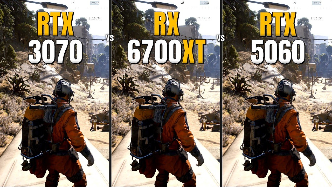 A three-way side-by-side comparison of a first-person shooter game's graphics performance, showing a character in an orange jumpsuit with a large backpack standing on a path in a sunlit, rocky environment. The image is divided into three vertical panels labeled at the top with different graphics cards: "RTX 3070" on the left, "RX 6700XT" in the center, and "RTX 5060" on the right. Each panel shows nearly identical gameplay footage to compare visual quality and rendering between the NVIDIA and AMD GPUs.