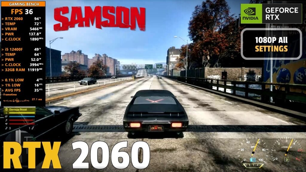 A screenshot from a PC gaming benchmark of the game "Samson" running on an NVIDIA GeForce RTX 2060 at 1080p all settings. A black classic muscle car is shown driving down a highway with city buildings in the background. An overlay displays performance metrics, including 36 FPS, GPU temperature at 72°C, and CPU usage for an i5 12400F.