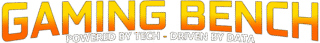 Logo for Gaming Bench featuring the text "GAMING BENCH" in a bold, sans-serif font with a yellow-to-orange vertical gradient. Below it, the tagline "POWERED BY TECH - DRIVEN BY DATA" is written in smaller, outlined white capital letters.
